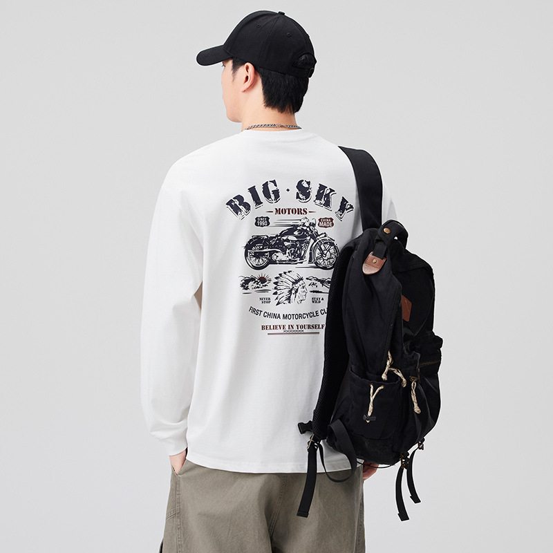 Muška duga majica s otiskom motocikla, širok kroj, 100% pamuk, okrugli izrez, streetwear casual