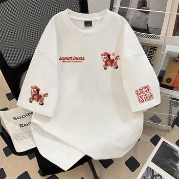 Teški pamuk 2026 s imitacijom šivane konjiće, kratki rukavi, muški T-shirt, široki kroj, okrugli izrez