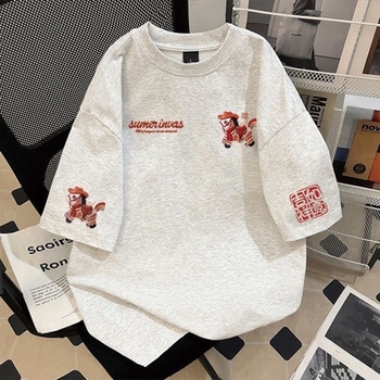 Teški pamuk 2026 s imitacijom šivane konjiće, kratki rukavi, muški T-shirt, široki kroj, okrugli izrez