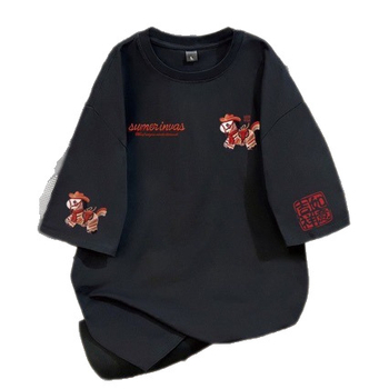 Teški pamuk 2026 s imitacijom šivane konjiće, kratki rukavi, muški T-shirt, široki kroj, okrugli izrez