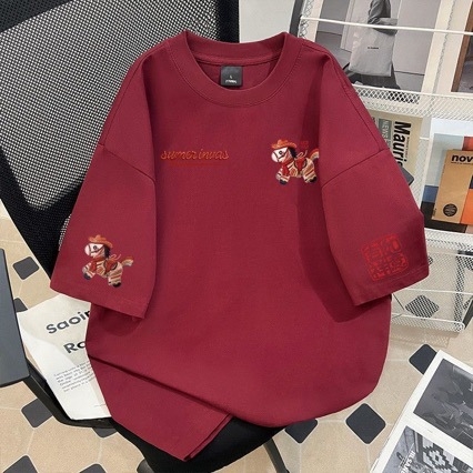 Teški pamuk 2026 s imitacijom šivane konjiće, kratki rukavi, muški T-shirt, široki kroj, okrugli izrez