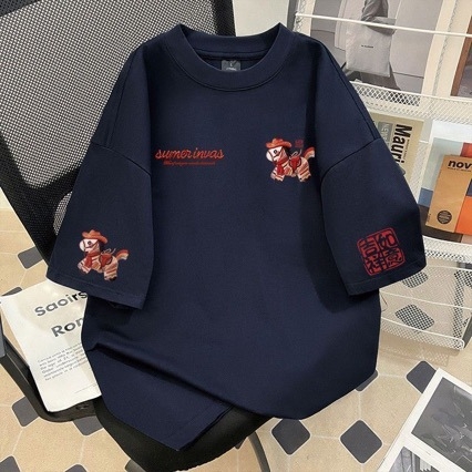 Teški pamuk 2026 s imitacijom šivane konjiće, kratki rukavi, muški T-shirt, široki kroj, okrugli izrez