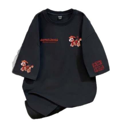 Teški pamuk 2026 s imitacijom šivane konjiće, kratki rukavi, muški T-shirt, široki kroj, okrugli izrez