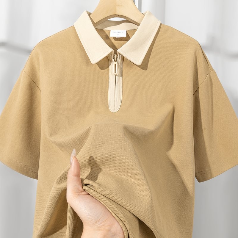 Japanski retro polo s blokovima boja, 230 g teška tkanina, ljetni opušten kroj, kratki rukavi, poluzip, za muškarce