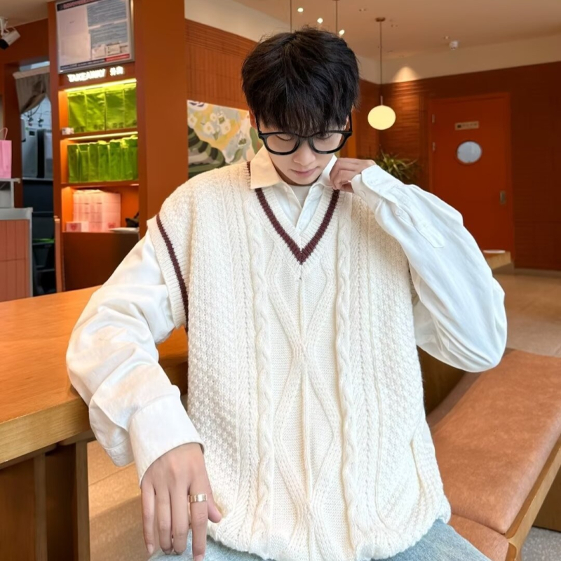 Japanski stil boja blokirani V-izrez bez rukava pleteni prsluk za muškarce, slobodan kroj, toplinski prsluk