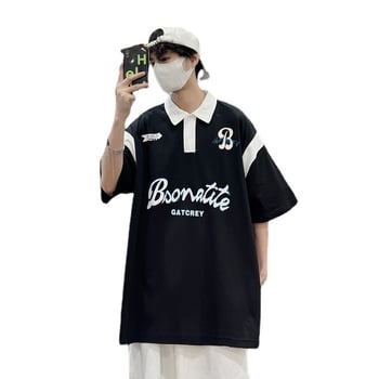 Muški polo s japanskim stilom i blok bojama, kratkih rukava, hip-hop otisak s riječima, opušteni fakultetski stil, prilagodljivo