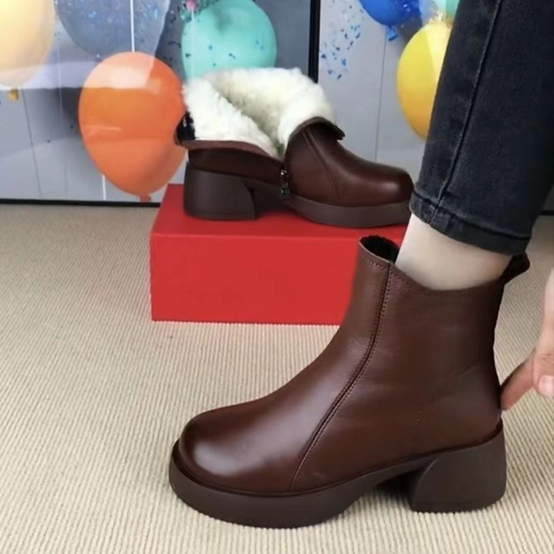 Ženske čizme od PU kože, s toplom podstavom, vintage stil, visok gležanj, bočni zatvarač, vodootporne, debeli potplat