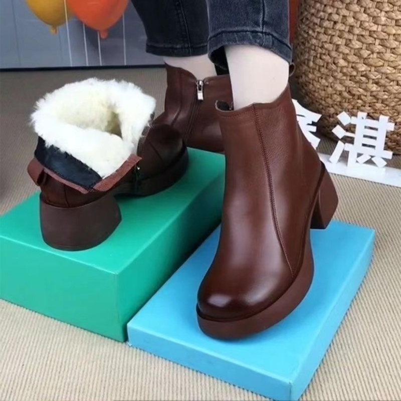 Ženske čizme od PU kože, s toplom podstavom, vintage stil, visok gležanj, bočni zatvarač, vodootporne, debeli potplat