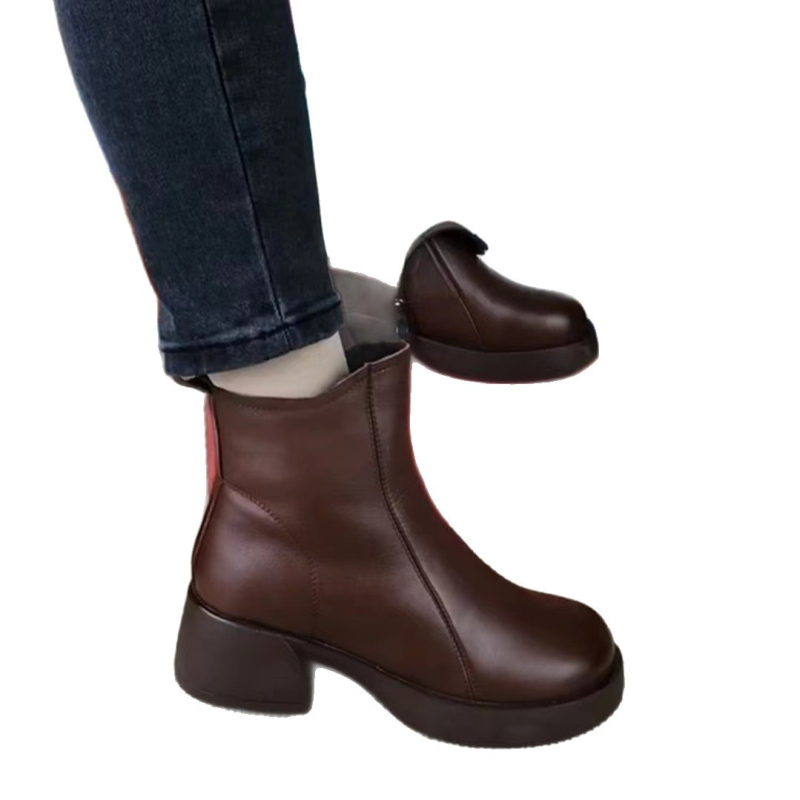 Ženske čizme od PU kože, s toplom podstavom, vintage stil, visok gležanj, bočni zatvarač, vodootporne, debeli potplat