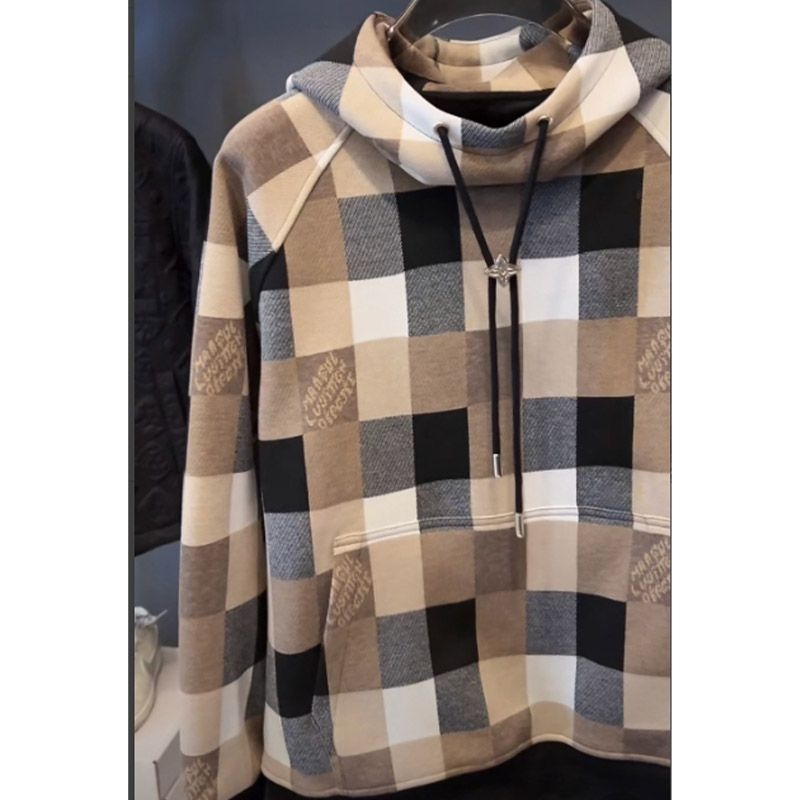 Muška duksa s kapuljom i kariranim uzorkom, slobodan kroj, korejski stil, dugi rukavi, jesen-zima.