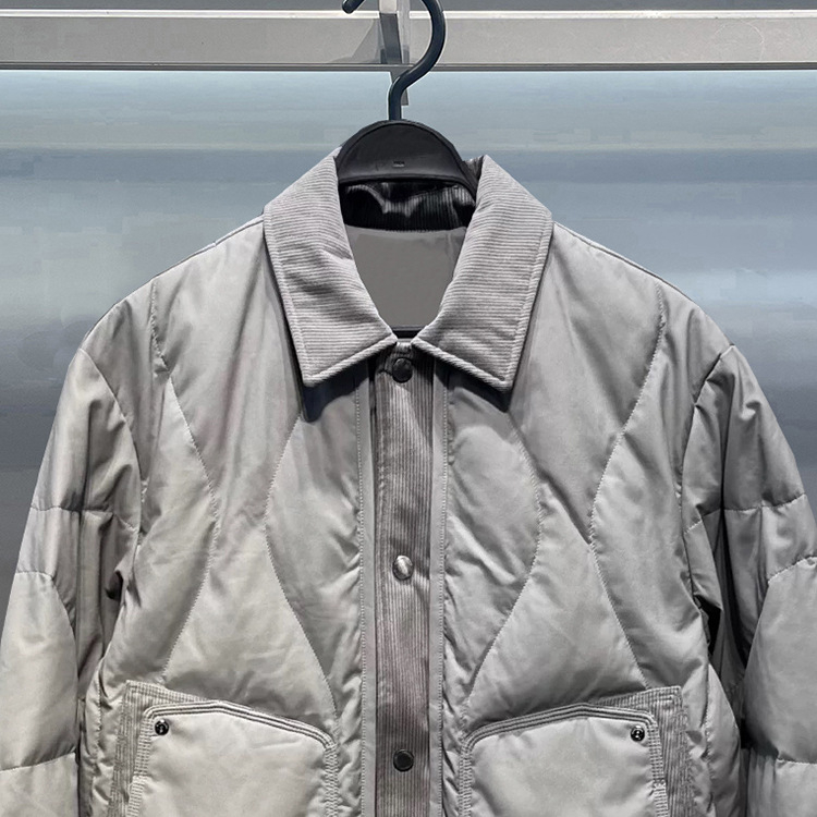 Оригинален дизайн, есен 2025, леко пухено яке с къс модел и яка от тип риза, патчворк детайли, за мъже
