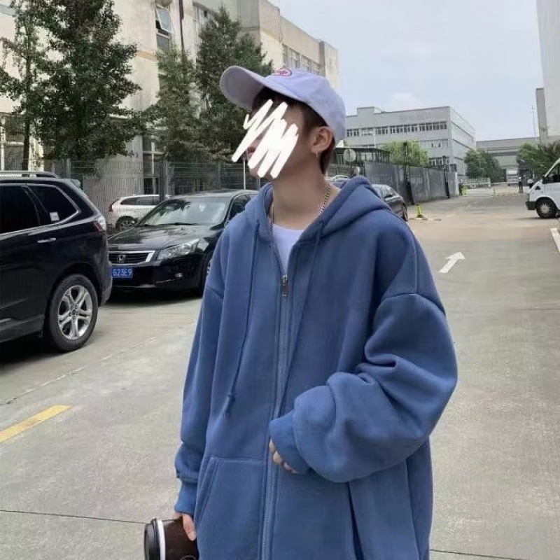 Мъжки кардиган с качулка и цип, подплатен с флис, свободен силует, едноцветен