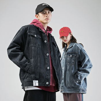 Персонализирано ретро изпрано дънково яке за мъже, пролетен стил, свободна кройка, яка с ревери, качулка, цип, едноцветно, черно/синьо, японски ретро стил