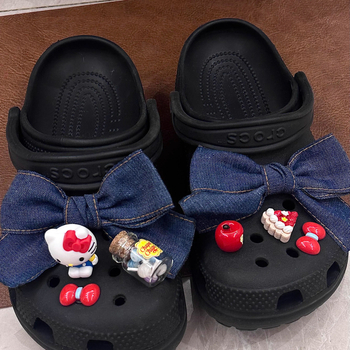 3D denim mašna za Crocs – ukrasni dodatak za obuće s cvjetnim kopčom