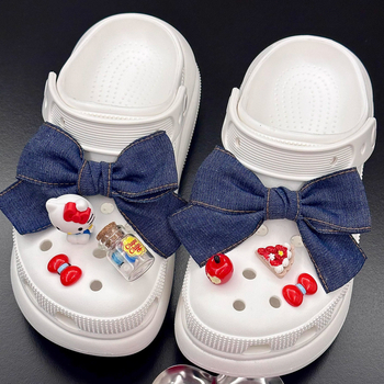 3D denim mašna za Crocs – ukrasni dodatak za obuće s cvjetnim kopčom