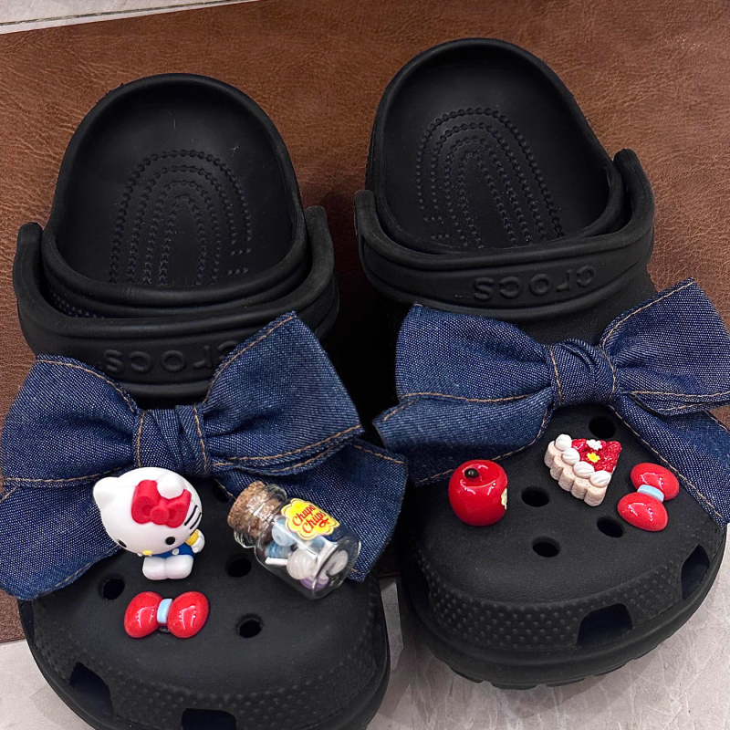 3D denim mašna za Crocs – ukrasni dodatak za obuće s cvjetnim kopčom