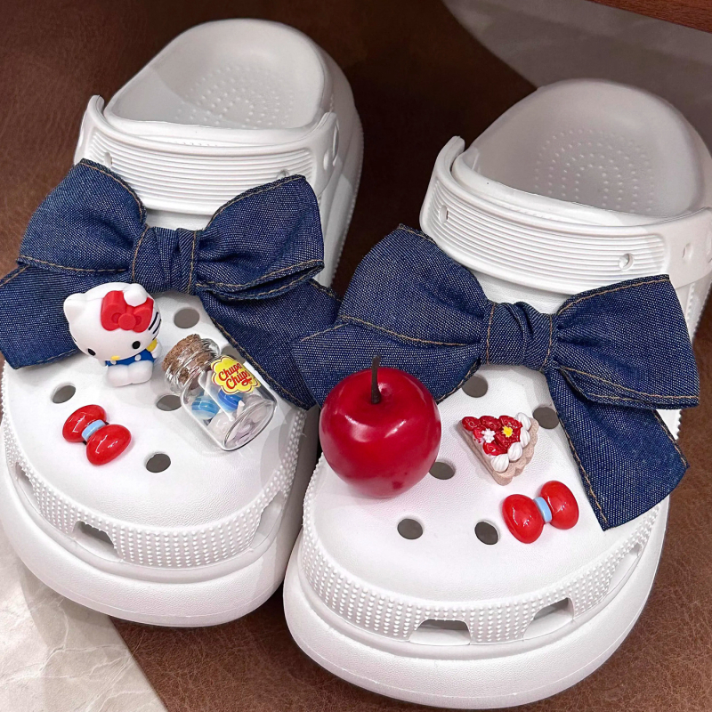 3D denim mašna za Crocs – ukrasni dodatak za obuće s cvjetnim kopčom