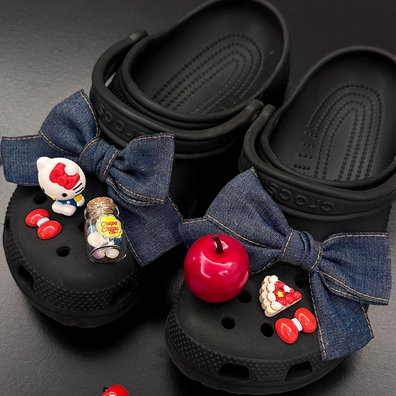 3D denim mašna za Crocs – ukrasni dodatak za obuće s cvjetnim kopčom