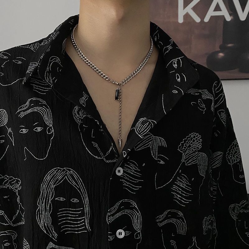 Ogrlica od titanska čelika s konusnim crnim dragim kamenjem, unisex – hip-hop stil, lanac ključne kosti