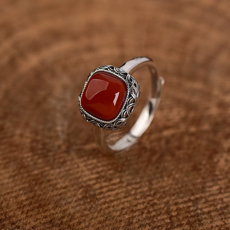 Nanhong prsten od čistog srebra s prirodnim agat Red Snow – jednostavan retro vintage prilagodljivi prsten