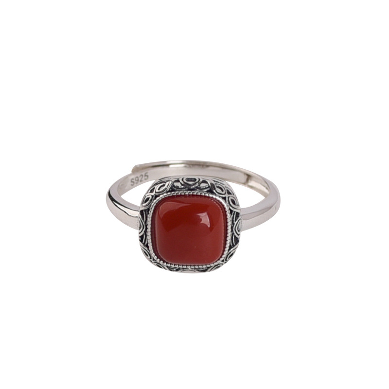 Nanhong prsten od čistog srebra s prirodnim agat Red Snow – jednostavan retro vintage prilagodljivi prsten