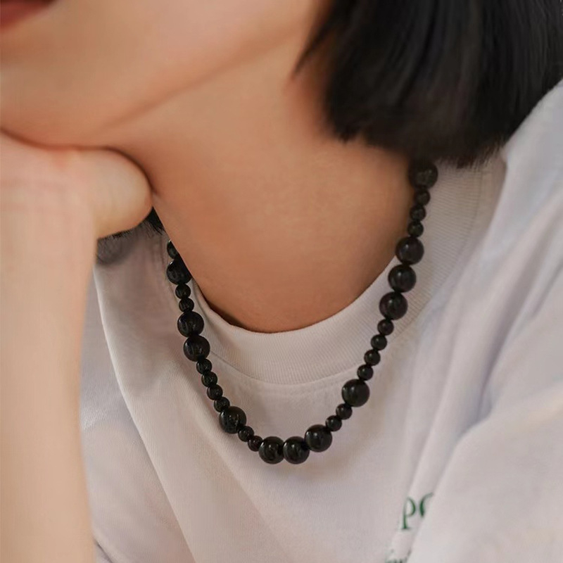 Crna ogrlica od staklenih perli, ručno izrađena, lanac za ključnu kost, odvažan osobni stil, unisex
