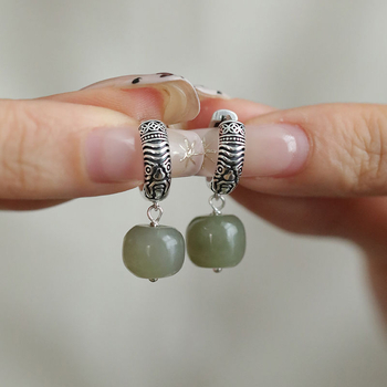 Naušnice od srebra 925, antikni stil, Hetian Jasper barrel perle, ženski etnički dizajn
