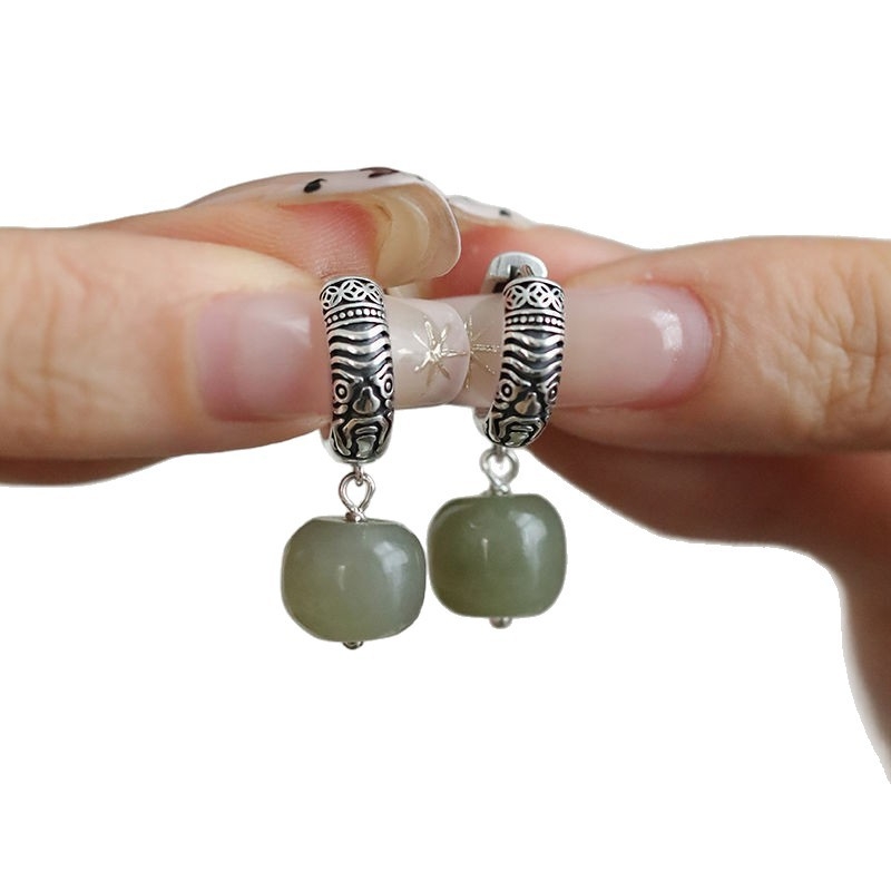 Naušnice od srebra 925, antikni stil, Hetian Jasper barrel perle, ženski etnički dizajn