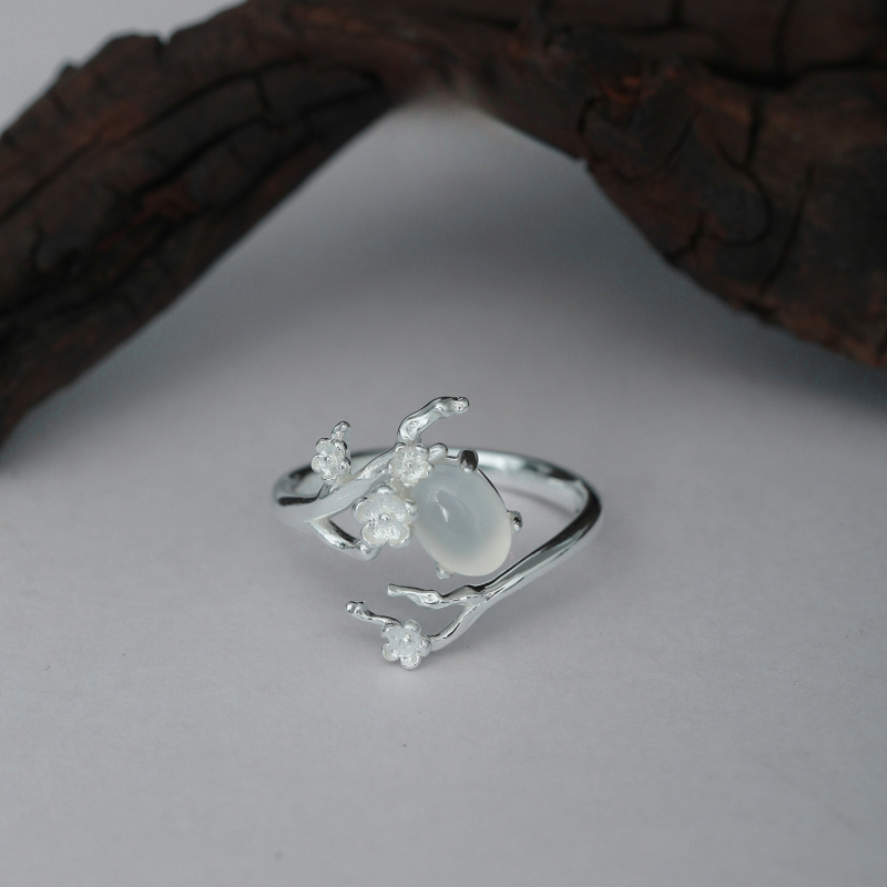 Ice Heart Flower, S925 srebro, bijeli ahat chalcedon, otvoreni prsten, lagan luksuz