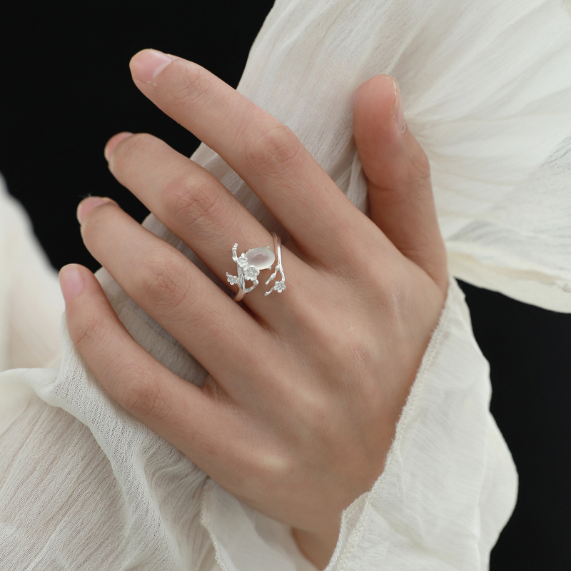 Ice Heart Flower, S925 srebro, bijeli ahat chalcedon, otvoreni prsten, lagan luksuz