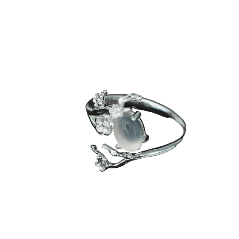 Ice Heart Flower, S925 srebro, bijeli ahat chalcedon, otvoreni prsten, lagan luksuz
