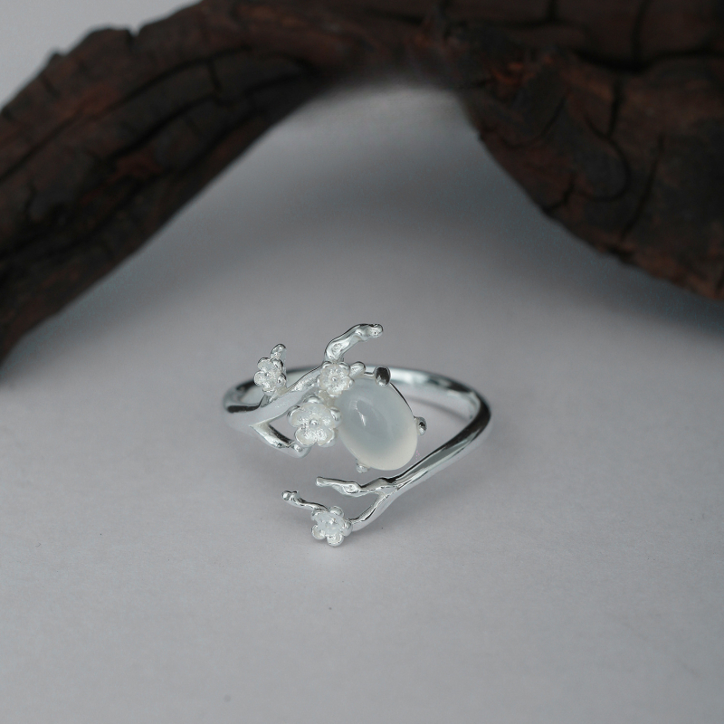 Ice Heart Flower, S925 srebro, bijeli ahat chalcedon, otvoreni prsten, lagan luksuz