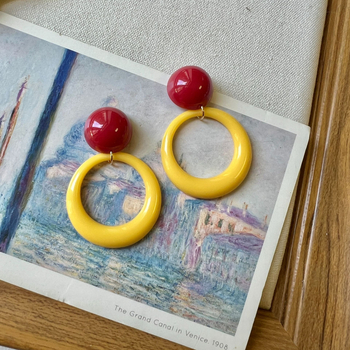 Retro hongkonški stil, geometrijski prstenasti naušnice crveno-žute boje, klipsne za uši, umjetnički nišni nakit za žene