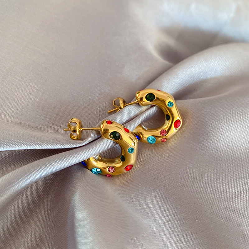 Zlatne luksuzne naušnice s šarenim cirkonima, francuski retro stil, elegantne metalne naušnice za žene