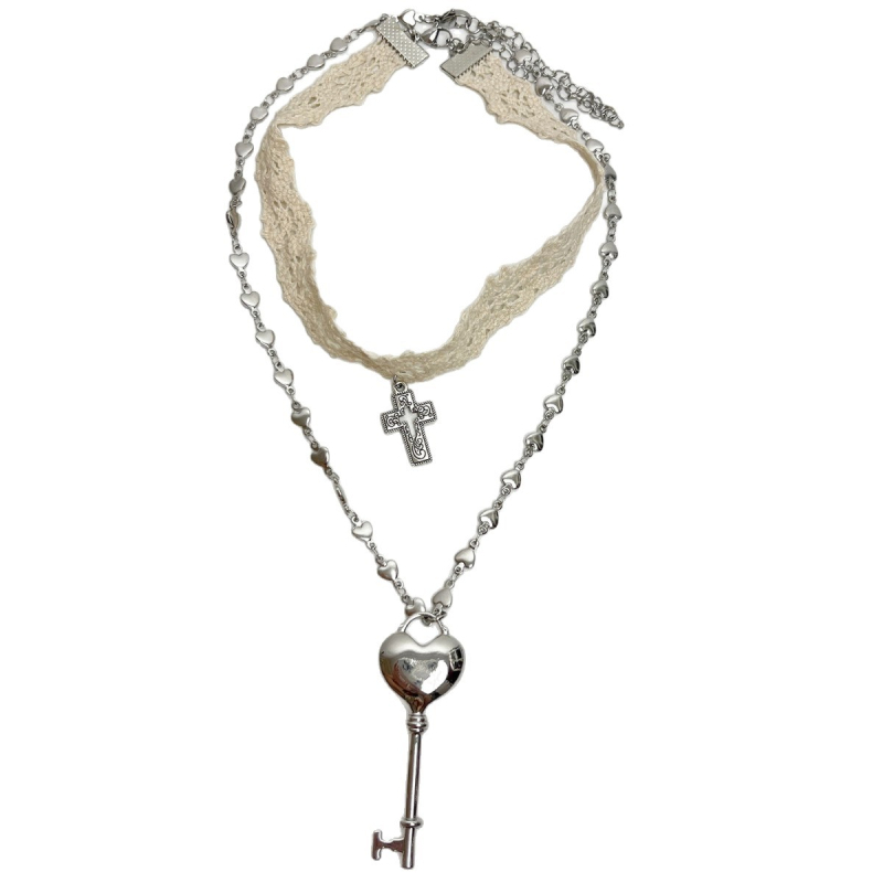 Bijeli čipkasti choker s krstnim remenom i privjeskom srca-ključ za žene