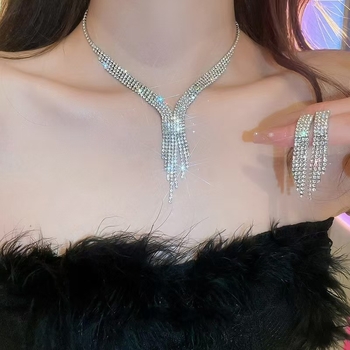 Dugački viseći ogrlica i naušnice, dvodijelni set, elegantan vjenčani nakit, privjesak u obliku mašne