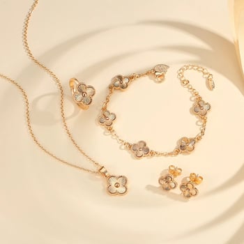 Set nakita s četverolistnom djetelinom: ogrlica, narukvica, naušnice s dijamantima i prsten, pozlaćeni bakar