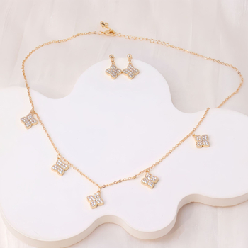 Set ogrlice i naušnica s četverolisnom djetelinom, minimalistički cirkon, slojeviti dizajn, francuski retro stil, lagani luksuz, visoka kvaliteta nišnog šarma