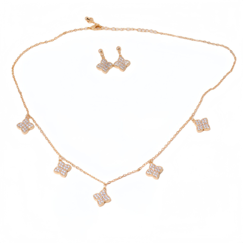 Set ogrlice i naušnica s četverolisnom djetelinom, minimalistički cirkon, slojeviti dizajn, francuski retro stil, lagani luksuz, visoka kvaliteta nišnog šarma