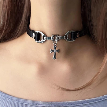 Y2K kožený choker s krížom pre dievčatá, jedinečný sladko‑cool hip-hop štýl náhrdelníka