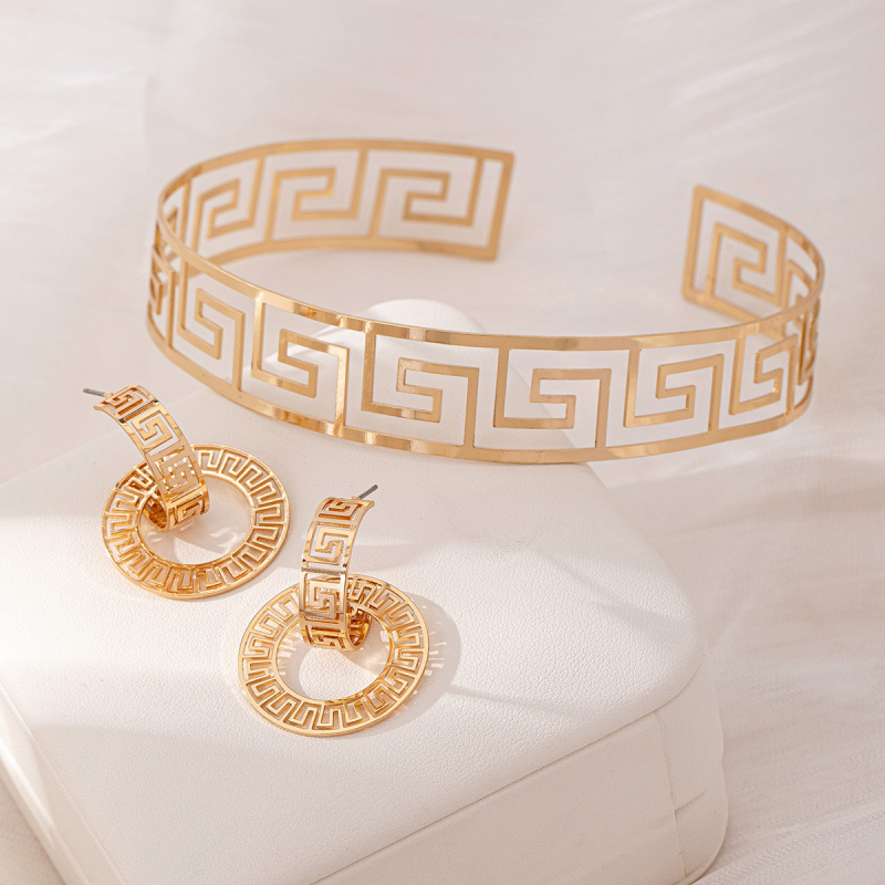 Set nakita: naušnice s kružnim šupljim dizajnom i Hui motivom te choker ogrlica s motivom Velikog kineskog zida, retro euro-američki stil