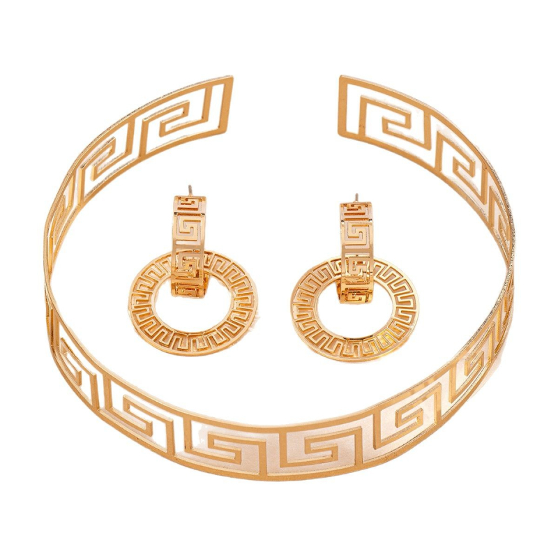 Set nakita: naušnice s kružnim šupljim dizajnom i Hui motivom te choker ogrlica s motivom Velikog kineskog zida, retro euro-američki stil