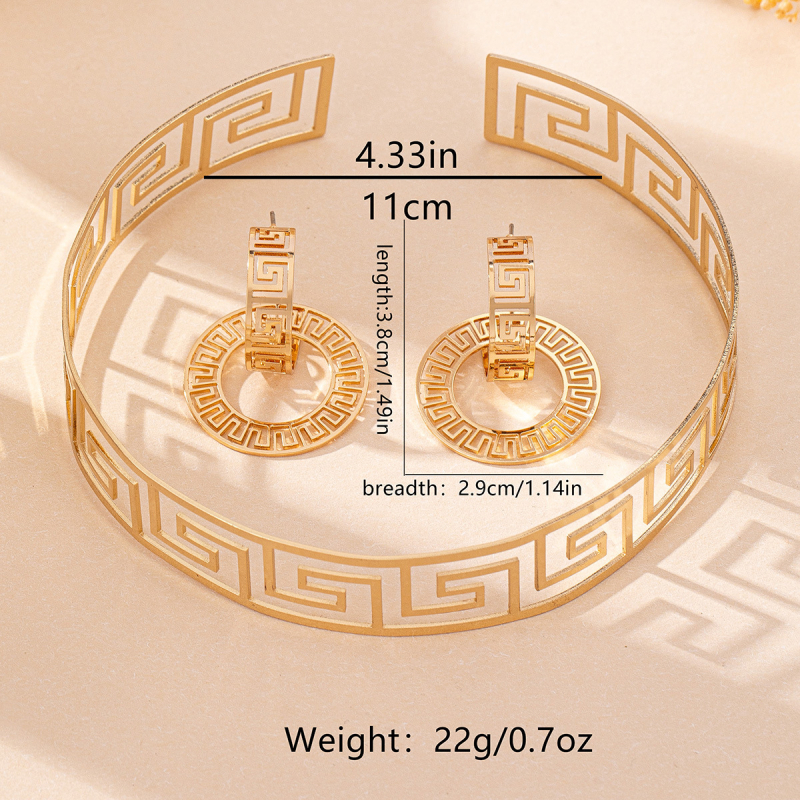 Set nakita: naušnice s kružnim šupljim dizajnom i Hui motivom te choker ogrlica s motivom Velikog kineskog zida, retro euro-američki stil