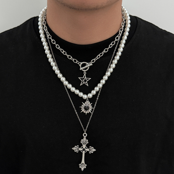 Muški lanac s križem i perlama, lanac od željeza prekriven bakrom, višeslojni geometrijski privjesak, hip-hop stil