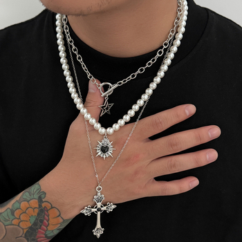 Muški lanac s križem i perlama, lanac od željeza prekriven bakrom, višeslojni geometrijski privjesak, hip-hop stil