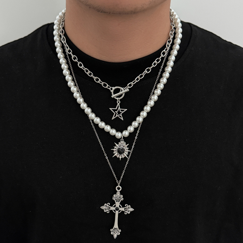Muški lanac s križem i perlama, lanac od željeza prekriven bakrom, višeslojni geometrijski privjesak, hip-hop stil