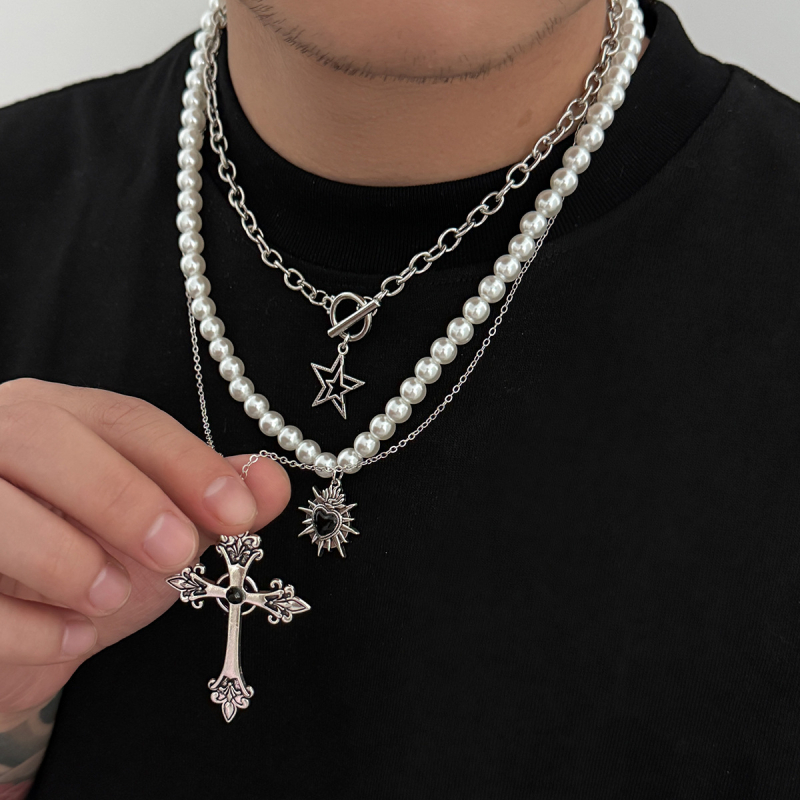 Muški lanac s križem i perlama, lanac od željeza prekriven bakrom, višeslojni geometrijski privjesak, hip-hop stil