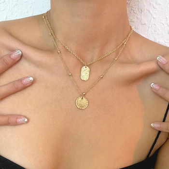 Ogrlica s geometrijskim kružnim privjeskom i dvostrukim slojem lanca za ključnu kost, retro elegancija, unisex