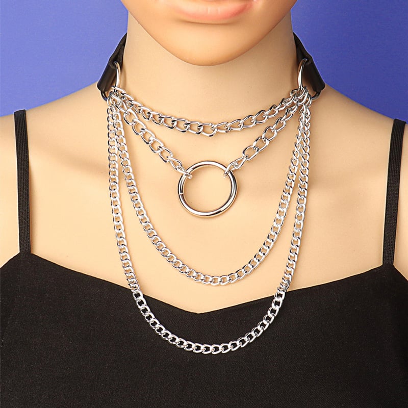 Harajuku kruhový kožený viacvrstvový náhrdelník s retiazkami