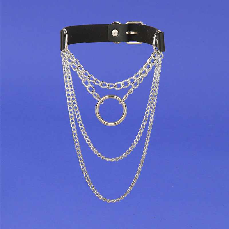 Harajuku kruhový kožený viacvrstvový náhrdelník s retiazkami